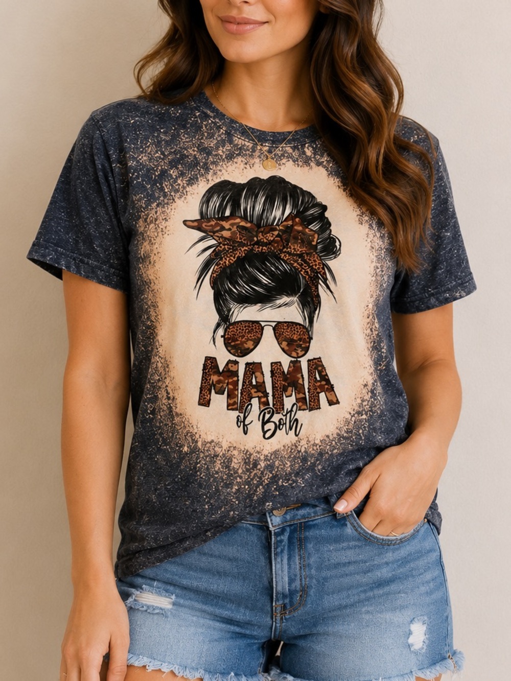 Gildan Mama Of Both Bleach Wash Cheetah Graphic Tee Size M